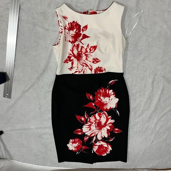 Danny & Nicole Red Floral Colorblock Sheath Dress Holiday Winter Midi Black 14 - Picture 7 of 10